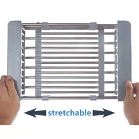 Flexible over-the-sink dish drying rack that fits most sinks This over-the-sink dish drainer has a length that can be adjusted from 12.8 to 17 inches.